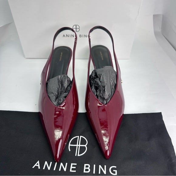 ANINE BING Hilda Slingback Pump in Burgundy red kitten heel shiny pointed toe - Picture 4 of 7